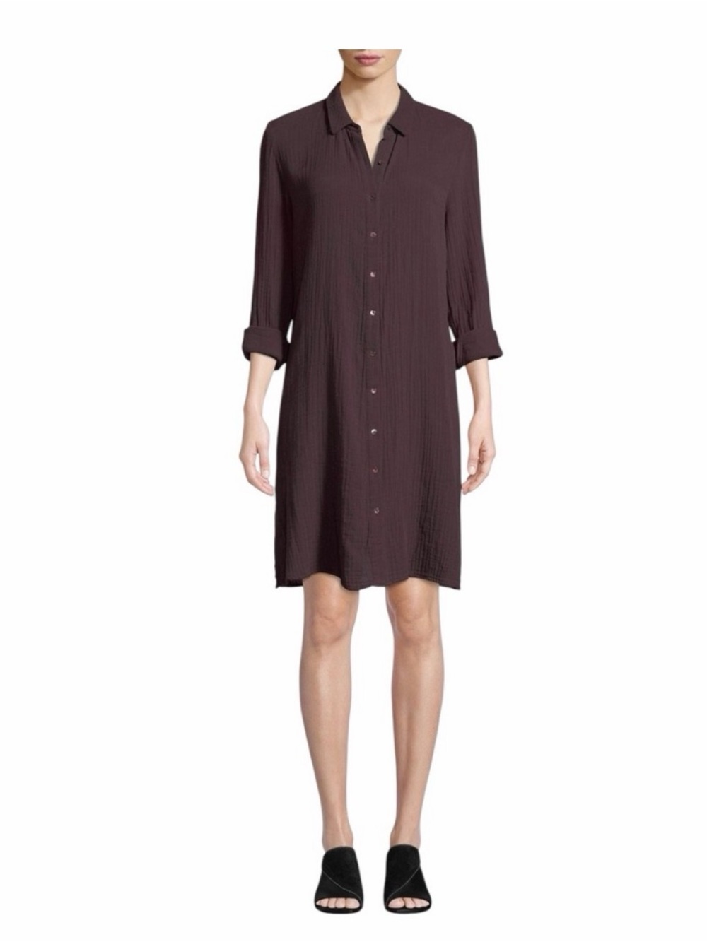 Eileen Fisher Organic Cotton Lofty Button Up Shirt Dress XXS Maroon Red Purple